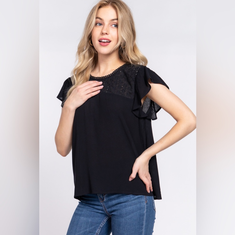 ACTIVE BASIC Ruffle Short Sleeve Crochet Blouse N… - image 3